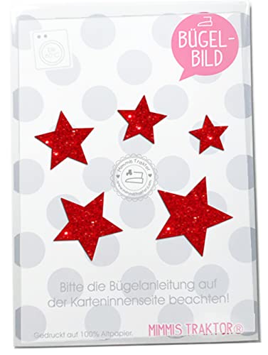 Bügelbild 5 GLITZER Sterne 4 cm bis 2 cm, 40 mm bis 20 mm Aufbügler Applikationen Bügelsticker für Stoffe Textilien Kinder zum Aufbügeln Flicken, Farbe:Glitzer rot von Mimmis Traktor