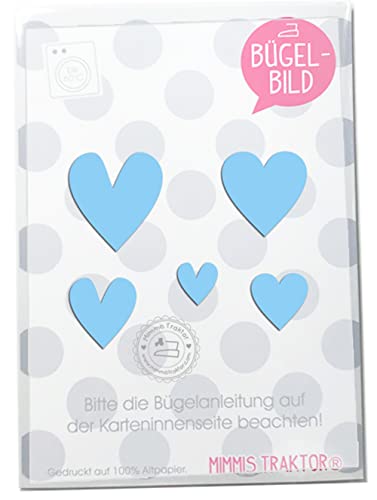 Bügelbild 5 Herzen 3,5 cm bis 1,5 cm Flockfolie Aufbügler Applikationen Bügelsticker für Stoffe Textilien Kinder zum Aufbügeln Flicken, Farbe:hellblau von Mimmis Traktor