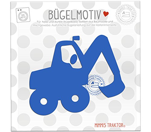 Bügelbild Bagger 11 cm x 9 cm BLAU Flockfolie Aufbügler Applikationen Bügelsticker für Stoffe Textilien Kinder zum Aufbügeln Flicken von Mimmis Traktor