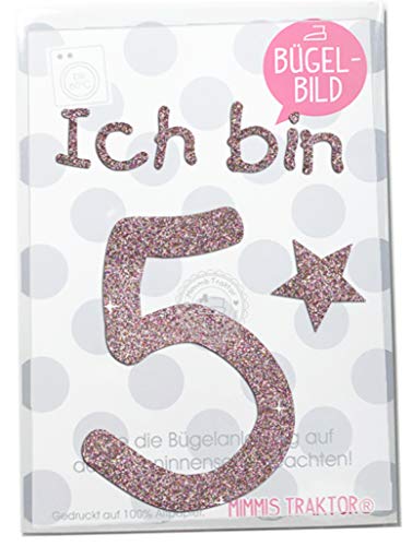 Bügelbild GLITZER Ich bin Wunschzahl mit Stern CONFETTI, 1, 2, 3, 4, 5, 6 oder 7 Aufbügler Applikationen Bügelsticker für Stoffe Textilien Kinder zum Aufbügeln Flicken, Farbe:5 von Mimmis Traktor