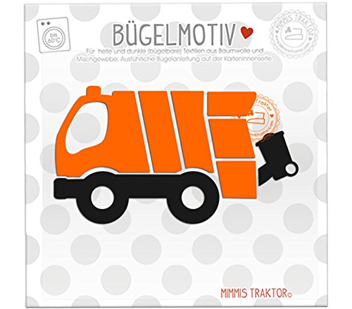 Bügelbild Müllauto 12 cm x 6,5 cm ORANGE SCHWARZ Flockfolie Aufbügler Applikationen Bügelsticker für Stoffe Textilien Kinder zum Aufbügeln Flicken von Mimmis Traktor