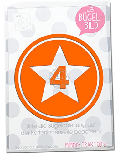 Bügelbild Sternbutton mit Wunschzahl 10 cm Flockfolie Aufbügler Applikationen Bügelsticker für Stoffe Textilien Kinder zum Aufbügeln Flicken, Farbe:orange, Zahl:4 von Mimmis Traktor