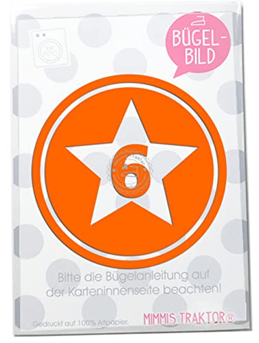 Bügelbild Sternbutton mit Wunschzahl 10 cm Flockfolie Aufbügler Applikationen Bügelsticker für Stoffe Textilien Kinder zum Aufbügeln Flicken, Farbe:orange, Zahl:6 von Mimmis Traktor