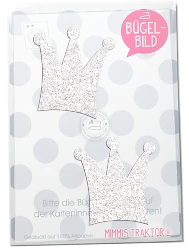 GLITZER Bügelbild 2 Kronen 5 cm Aufbügler Applikationen Bügelsticker für Stoffe Textilien Kinder zum Aufbügeln Flicken (Glitzer weiss) von Mimmis Traktor