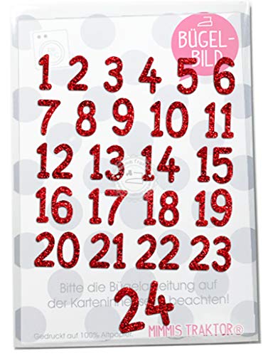 GLITZER Bügelbild Adventkalender Zahlen 1-24 Aufbügler Applikationen Bügelsticker für Stoffe Textilien Kinder zum Aufbügeln Flicken, Farbe:Glitzer rot von Mimmis Traktor