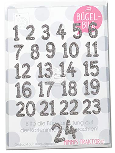 GLITZER Bügelbild Adventkalender Zahlen 1-24 Aufbügler Applikationen Bügelsticker für Stoffe Textilien Kinder zum Aufbügeln Flicken, Farbe:Glitzer silber von Mimmis Traktor