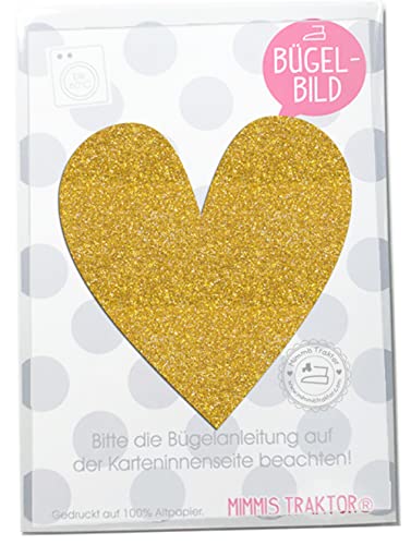 GLITZER Bügelbild Herz 9,5 cm x 10 cm Aufbügler Applikationen Bügelsticker für Stoffe Textilien Kinder zum Aufbügeln Flicken, Farbe:Glitzer gold von Mimmis Traktor