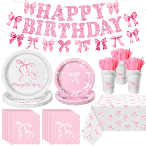 Mimorou 172 Stück rosa Schleife Geburtstag Party Supplies Kokette niedliche Junggesellinnenabschied Dekor mit rosa Schleife Servietten Teller Becher Gabeln Tischdecke Banner rosa Schleife Thema von Mimorou