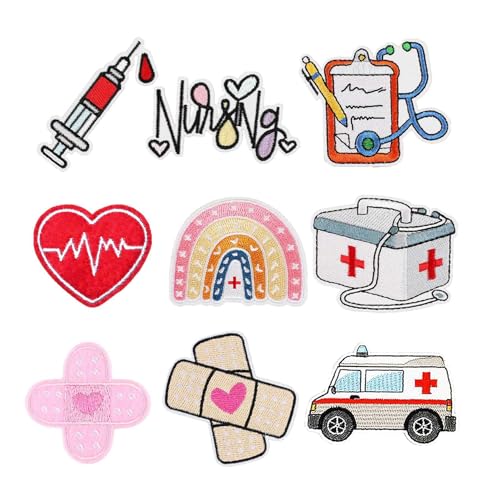 9 Stück Cartoon Herz Wundplast Erste Hilfe Box Krankenschwester Aufbügler Patch Arzt Krankenschwester Regenbogen Medizinischer Patch für Hüte, Taschen, Kleidung, Rucksäcke von Minason