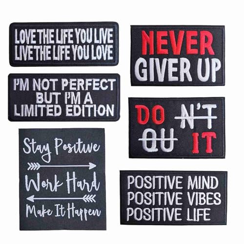 Aufnäher zum Aufbügeln, Aufschrift "Love The Life Don't Quit Stay Positive Never Give Up", für Hüte, Taschen, Kleidung, Rucksäcke, 6 Stück von Minason