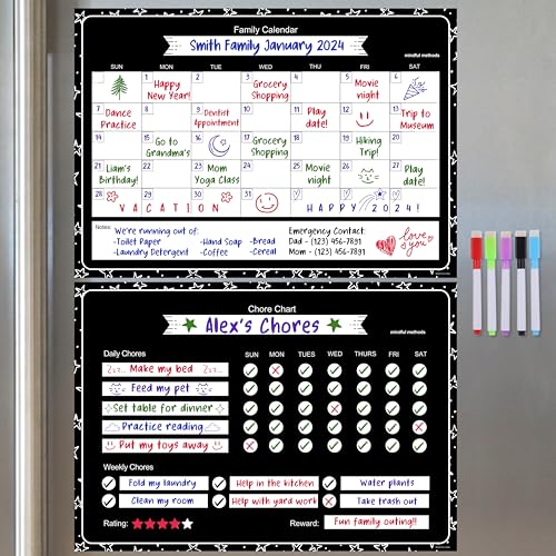 Mindful Methods Magnetisches Aufgabendiagramm für Kinder und Familienkalender 2024 (2 Tafeln) mit fünf Radiergummi-Markern, Kinderkalender 2024, magnetische Aufgabendiagramm für Kühlschrank von Mindful Methods