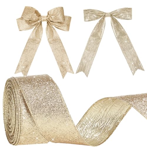 Mindsoft 5,1 cm x 20 Yards Champagnerfarbenes Glitzerband mit Metallrand für Weihnachtsbaumkranz, Dekoration, doppelseitiges Geschenkpapier, Bastelband für Girlande, Schleifenherstellung von Mindsoft