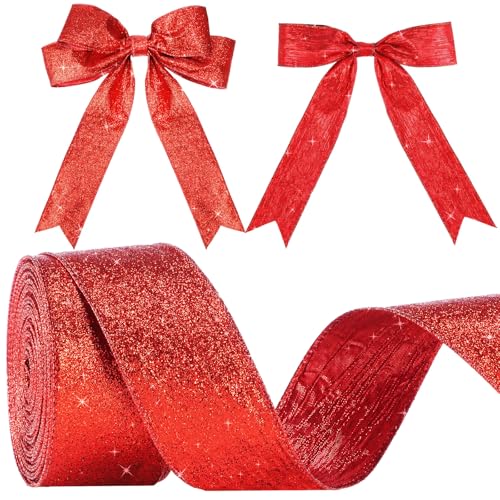 Mindsoft 5,1 cm x 20 Yards rotes Glitzerband mit Metallrand für Weihnachtsbaumkranz, Dekoration, doppelseitiges Geschenkpapier, Bastelband für Girlanden, Schleifen von Mindsoft