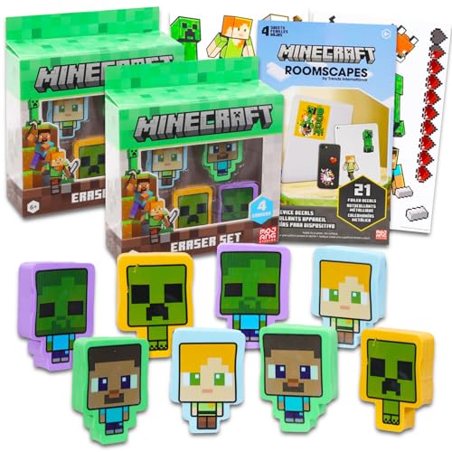 Minecraft Partygeschenk-Set – Paket mit 8 Minecraft Radiergummis mit Creeper, Zombie, mehr plus Minecraft Aufklebern | Minecraft Party Supplies Kit für Kinder, Jungen, Mädchen von Minecraft