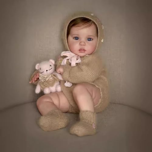 MineeQu 19 Zoll Wurzelhaar liebenswerte lebensechte Reborn-Baby-Puppe aus weichem Vinyl Realistischee Neugeborene Mädchen-Puppen in brauner Wolle Set Spielzeug Geschenke für Mädchen ab 3 Jahren von MineeQu