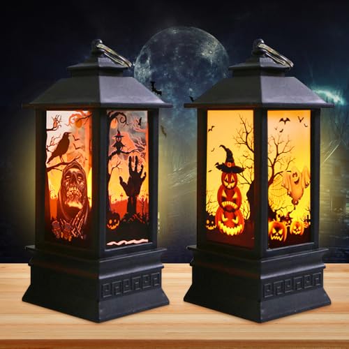 Mineup 2 Stück Halloween Kerzenlaterne, Halloween Deko Kerzenlaterne 20cm Hohe, LED Kürbis Laterne, Tragbaren Halloween Laternen, Hängedeko Licht für drinnen oder draußen Halloween Party von Mineup