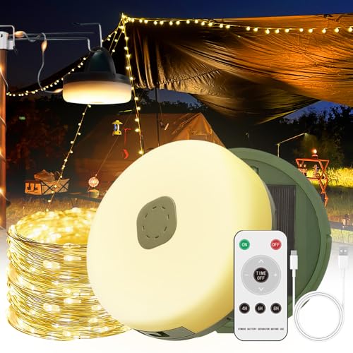 Mineup Camping Lichterkette Aufrollbar, 10M 100LED Solar Camping Lichterkette Außen, Wasserdichte Tragbare LED Lichterkette mit 3 Beleuchtungsmodi, 3600mAh Campinglampe für Camping Hof Party Garten von Mineup