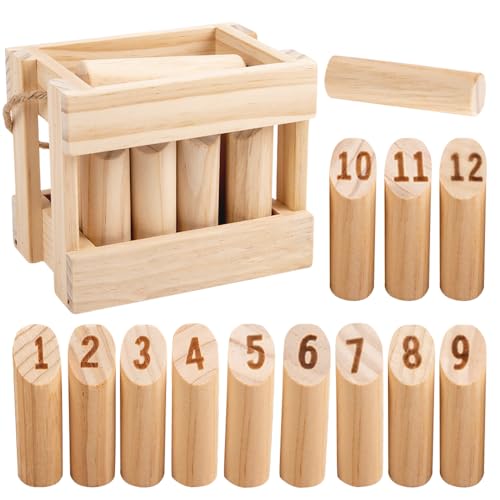 Mineup Finnisches Wurfspiel, Wikinger Spiel, Wikingerspiel inkl, Wikinger Schach, Wurfspiel aus Holz Kegel mit 12 Holznummer & 1 Wurfzylinder, Zahlen Wurfspiel für Indoor & Outdoor für Kinder von Mineup