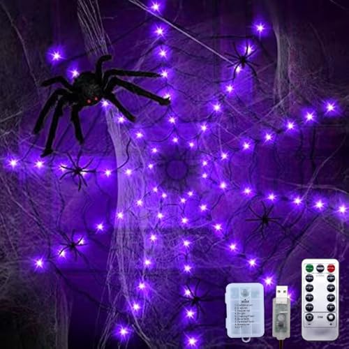 Mineup Halloween Spinnennetz Lichter, 80 LED Spinnennetz Lichterkette, 8 Modes 1.2 Meter Durchmesser Halloween Spinnennetz Deko Outdoor Lichter, Halloween Deko Für Haushof Garten Indoor Outdoor von Mineup