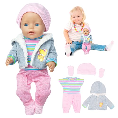 Mineup Kleidung Outfits für Baby Puppen, 5 PCS Puppenkleidung 43-48 cm, New Born Baby Puppen Kleidung Set, Puppe zubehör, Puppenkleider Set,Kapuzenpullover, Strampler, Hut, Socken(Keine Puppe) von Mineup