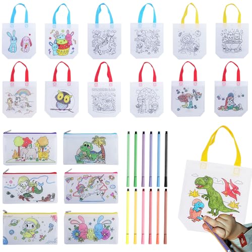 Mineup Taschen zum Bemalen für Kinder, 30 Stück DIY Kinder Stoffbeutel Set, Stoffbeutel zum Bemalen für Kinder und 12 Stück Farben Aquarellstifte für kindergeburtstag gastgeschenke von Mineup