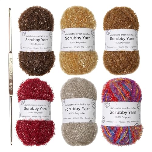 Scrubby Garn – 6 Farben Glitzerndes Scrubby Garn | Scrubby Shine Garn Scrubby Polyestergarn Sortiment | Häkel Webgarn Zum Häkeln, Stricken, 50 g pro Knäuel(A) von Mingchengheng