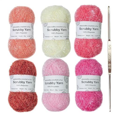 Scrubby Garn – 6 Farben Glitzerndes Scrubby Garn | Scrubby Shine Garn Scrubby Polyestergarn Sortiment | Häkel Webgarn Zum Häkeln, Stricken, 50 g pro Knäuel(D) von Mingchengheng