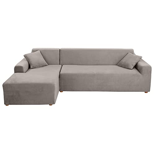 Mingfuxin L-förmige Sofa-Schonbezüge, Stretch-Pannesamt-Couchbezüge, dicker Plüsch-Ecksofabezug, Schutz mit 2 Kissenbezügen für 3-Sitzer + 3-Sitzer, L-Typ-Schnitt-Sofa-Couch von Mingfuxin