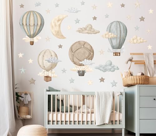 Wandtattoo Heißluftballon Kinderzimmer, Wolken, Mond, Sterne Wandaufkleber Babyzimmer Boho Wandaufkleber Kinderzimmer Mädchen Schlafzimmer Wanddekoration von Wally Fox