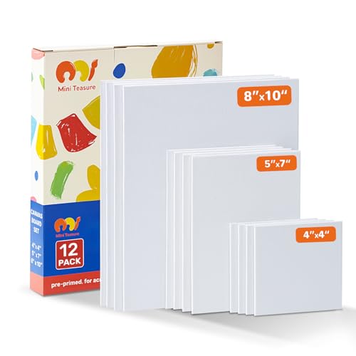 Miniteasure Leinwandtafeln zum Malen, 10,2 x 10,2 cm, 12,7 x 17,8 cm, 20,3 x 25,4 cm, 12 Stück, Geschenkbox-Set – 100 % Baumwolle, grundiert, blanko, Leinwand, Malleinwände für Kinder und Anfänger, von MiniTeasure