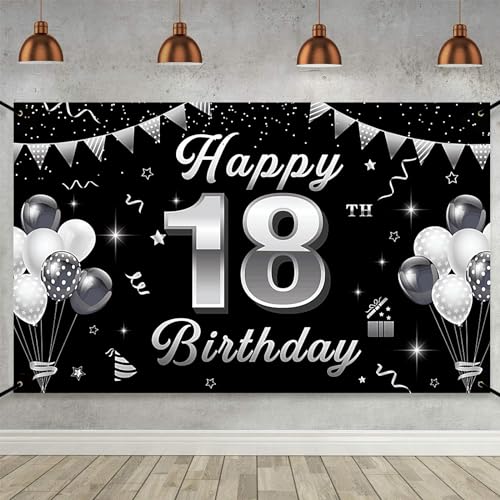 18 Geburtstag Banner Schwarz Silber Geburtstag Dekoration 18 Jungen Mädchen Banner 18 Geburtstag Extra Große Geburtstag Deko 18 Jahrestag Hintergrund Banner Schild Poster zum 18 Geburtstag Party Deko von Minicloss