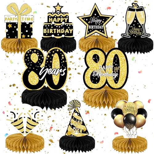 9 Stück Geburtstag Dekoration 80. Tischdeko Geburtstag Schwarz Gold 80 Geburtstag Mittelstücke Waben Party Tischdekoration 80. Geburtstag Tischdeko Set für Männer Frauen Geburtstag Party Zubehör von Minicloss