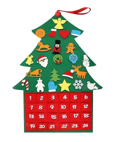 Minicoco Weihnachtsbaum Stoff Adventskalender, Filz Weihnachtsbaum Stoff Wandbehang Faser Xmas Countdown Kalender Geschenk mit 24pcs Ornamente für Weihnachten Neujahr Wand Party Dekor von Minicoco