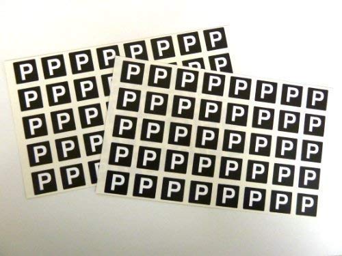 Brief P, Weiß Alphabet Buchstaben auf Schwarzem 20x20mm Quadratisch Etiketten Langlebig Plastik Sticker von Minilabel