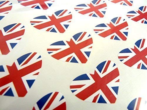 Vpe 50 Stk. , Herzförmig 35x23mm, Union Jack Britische Selbstklebende GB Flagge Etiketten Großbritannien Sticker von Minilabel