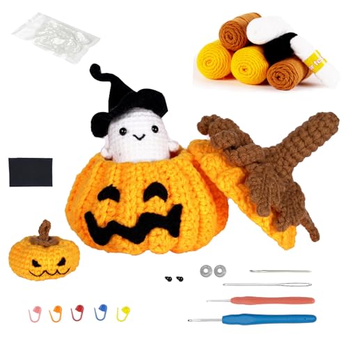 MinkeyBear Halloween-Kürbis-Häkelset für Anfänger, mit Videoanleitung, Häkelnadel, Stricknadel, Garne von MinkeyBear