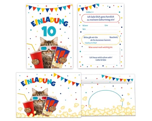 10 Einladungskarten incl. 10 Umschläge zum 10. Kindergeburtstag Kino Mädchen Jungen Kino-Party Katze coole Einladungen zehnte Geburtstag Mädchengeburtstag Jungengeburtstag von Minkocards