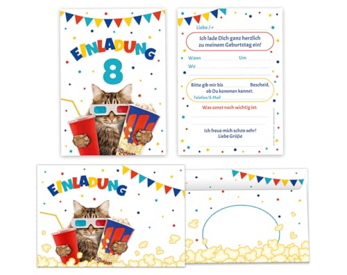 10 Einladungskarten incl. 10 Umschläge zum 8. Kindergeburtstag Kino Mädchen Jungen Kino-Party Katze coole Einladungen achte Geburtstag Mädchengeburtstag Jungengeburtstag von Minkocards