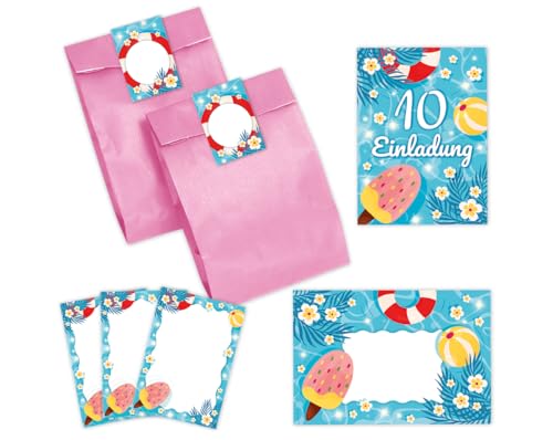 10 Einladungskarten zum 10. Kindergeburtstag Schwimmbad Jungen Mädchen Einladung zehnte Geburtstag incl. 10 Umschläge, 10 Partytüten/rosa, 10 Aufkleber, 10 Mini-Notizblöcke von Minkocards