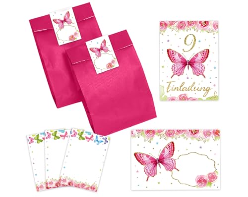 10 Einladungskarten zum 9. Kindergeburtstag Mädchen Schmetterling Einladungen neunte Geburtstag Kinder incl. 10 Umschläge, 10 Partytüten/pink, 10 Aufkleber, 10 Mini-Notizblöcke von Minkocards