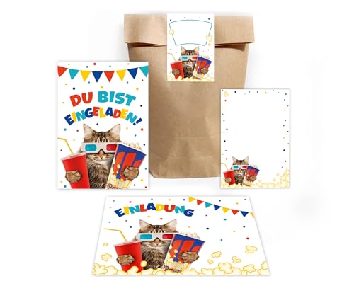 10 Einladungskarten zum Kindergeburtstag Kino Mädchen Jungen Kino-Party Katze coole Einladung Geburtstag incl. 10 Umschläge, 10 Partytüten/natur, 10 Aufkleber, 10 Mini-Notizblöcke von Minkocards