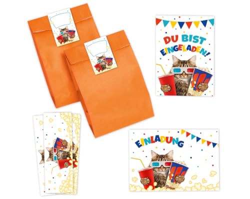 10 Einladungskarten zum Kindergeburtstag Kino Mädchen Jungen Kino-Party Katze coole Einladung Geburtstag incl. 10 Umschläge, 10 Partytüten/orange, 10 Aufkleber, 10 Lesezeichen von Minkocards