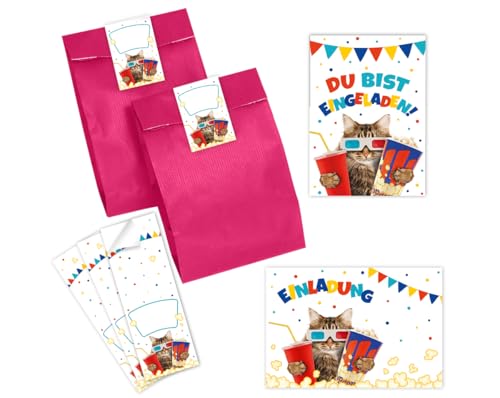 10 Einladungskarten zum Kindergeburtstag Kino Mädchen Jungen Kino-Party Katze coole Einladung Geburtstag incl. 10 Umschläge, 10 Partytüten/pink, 10 Aufkleber von Minkocards