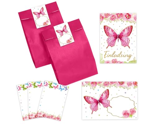 10 Einladungskarten zum Kindergeburtstag Mädchen Schmetterling coole bunte Einladungen Geburtstag Kinder incl. 10 Umschläge, 10 Partytüten/pink, 10 Aufkleber, 10 Mini-Notizblöcke von Minkocards