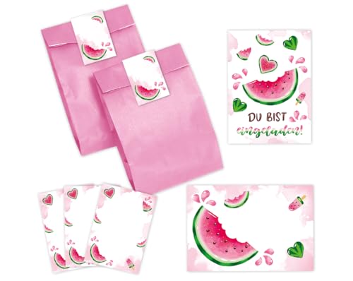 10 Einladungskarten zum Kindergeburtstag Wassermelone Mädchen Einladung Mädchengeburtstag incl. 10 Umschläge, 10 Partytüten/rosa, 10 Aufkleber, 10 Mini-Notizblöcke von Minkocards