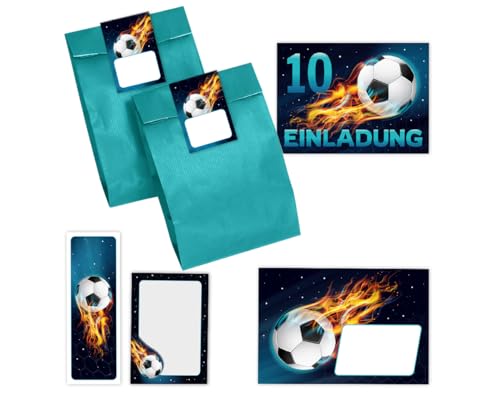 12 Einladungskarten 10. Kindergeburtstag Junge Fussball Einladungen zehnte Jungsgeburtstag Fußball incl. 12 Umschläge, 12 Partytüten/petrol, 12 Aufkleber, 12 Lesezeichen, 12 Mini-Notizblöcke von Minkocards