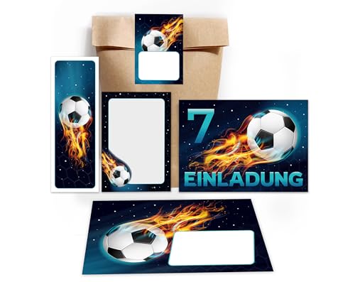 12 Einladungskarten 7. Kindergeburtstag Junge Fussball Einladungen siebte Jungsgeburtstag Fußball incl. 12 Umschläge, 12 Partytüten/natur, 12 Aufkleber, 12 Lesezeichen, 12 Mini-Notizblöcke von Minkocards