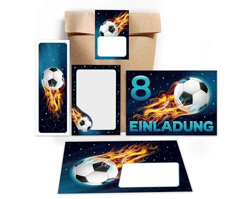 12 Einladungskarten 8. Kindergeburtstag Junge Fussball Einladungen achte Jungsgeburtstag Fußball incl. 12 Umschläge, 12 Partytüten/natur, 12 Aufkleber, 12 Lesezeichen, 12 Mini-Notizblöcke von Minkocards