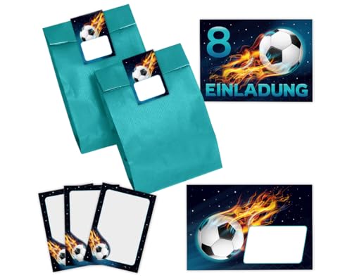 12 Einladungskarten 8. Kindergeburtstag Junge Fussball Einladungen achte Jungsgeburtstag Fußball incl. 12 Umschläge, 12 Partytüten/petrol, 12 Aufkleber, 12 Mini-Notizblöcke von Minkocards