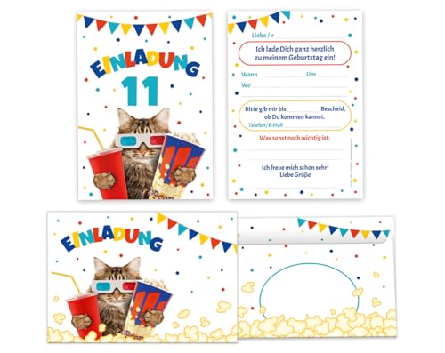 12 Einladungskarten incl. 12 Umschläge zum 11. Kindergeburtstag Kino Mädchen Jungen Kino-Party Katze coole Einladungen elfte Geburtstag Mädchengeburtstag Jungengeburtstag von Minkocards